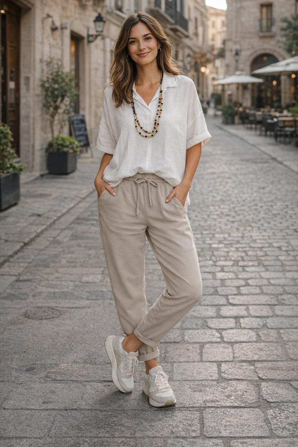 camiseta mujer manga corta cuello pico blanco look casual elegante