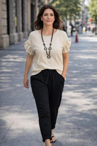 camiseta beige mujer volantes manga corta collar [1]