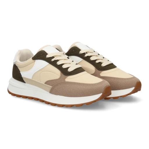 Zapatillas deportivas de mujer beige y verde caqui con cordones blancos y plataforma [2]