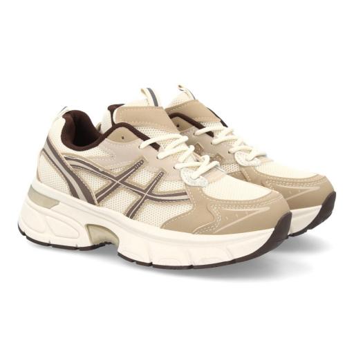 Zapatillas deportivas de mujer beige y marrón con plataforma y cordones