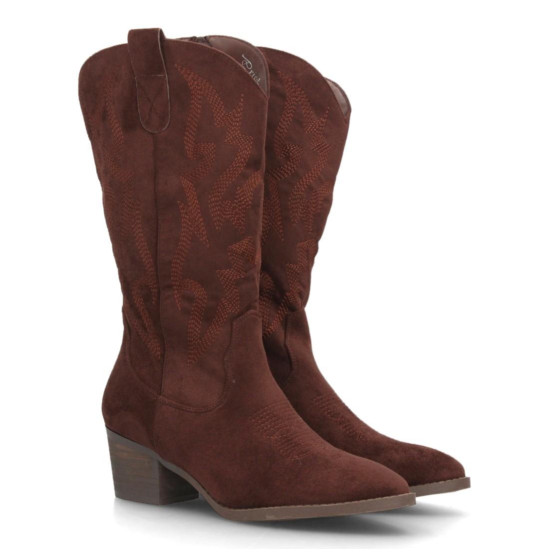 Botas cowboy mujer marrón chocolate efecto ante bordadas