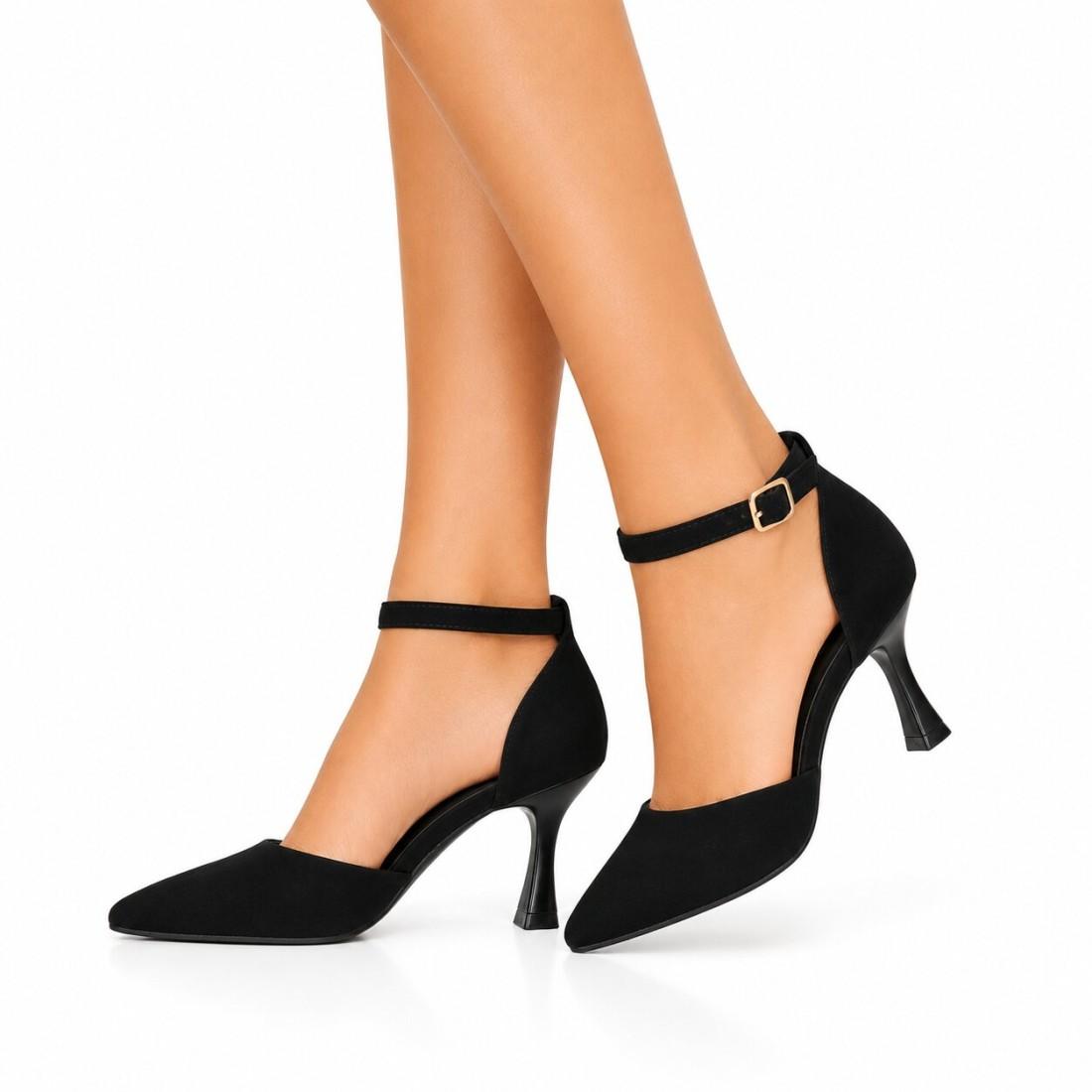 Zapatos de salón negros de punta fina con pulsera ajustable y tacón elegante