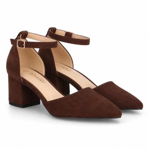 Zapatos de salón marrones efecto ante con tacón de bloque y cierre de hebilla al tobillo [2]