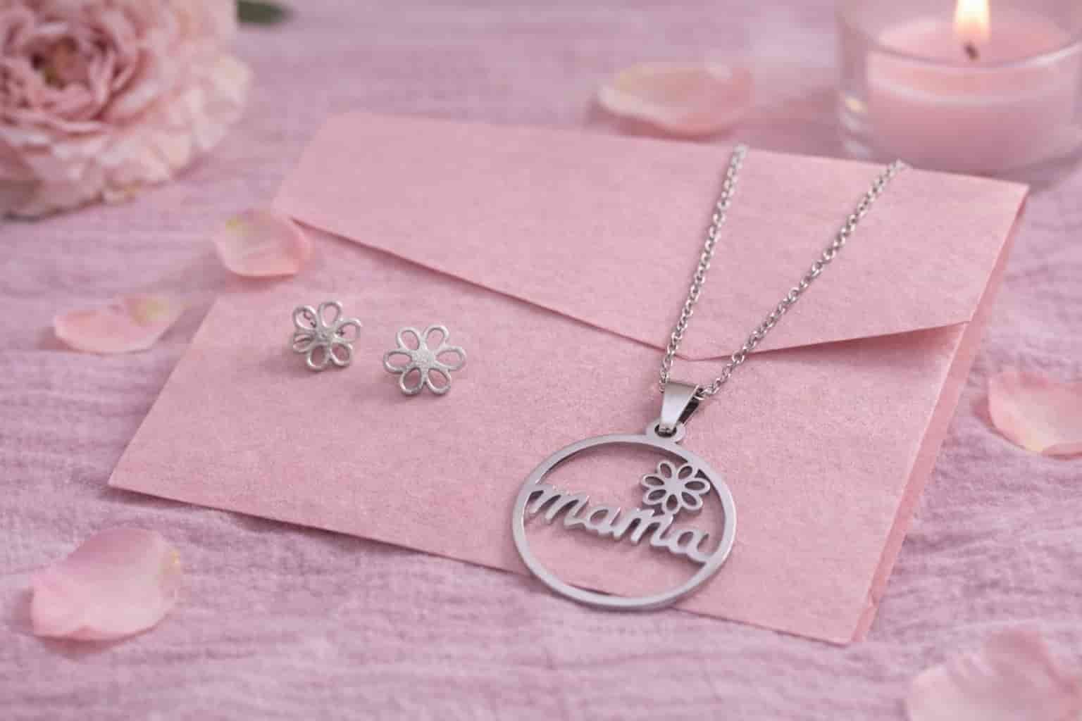 Set de collar mamá plateado con pendientes flor, idea de regalo delicada y original para mamá