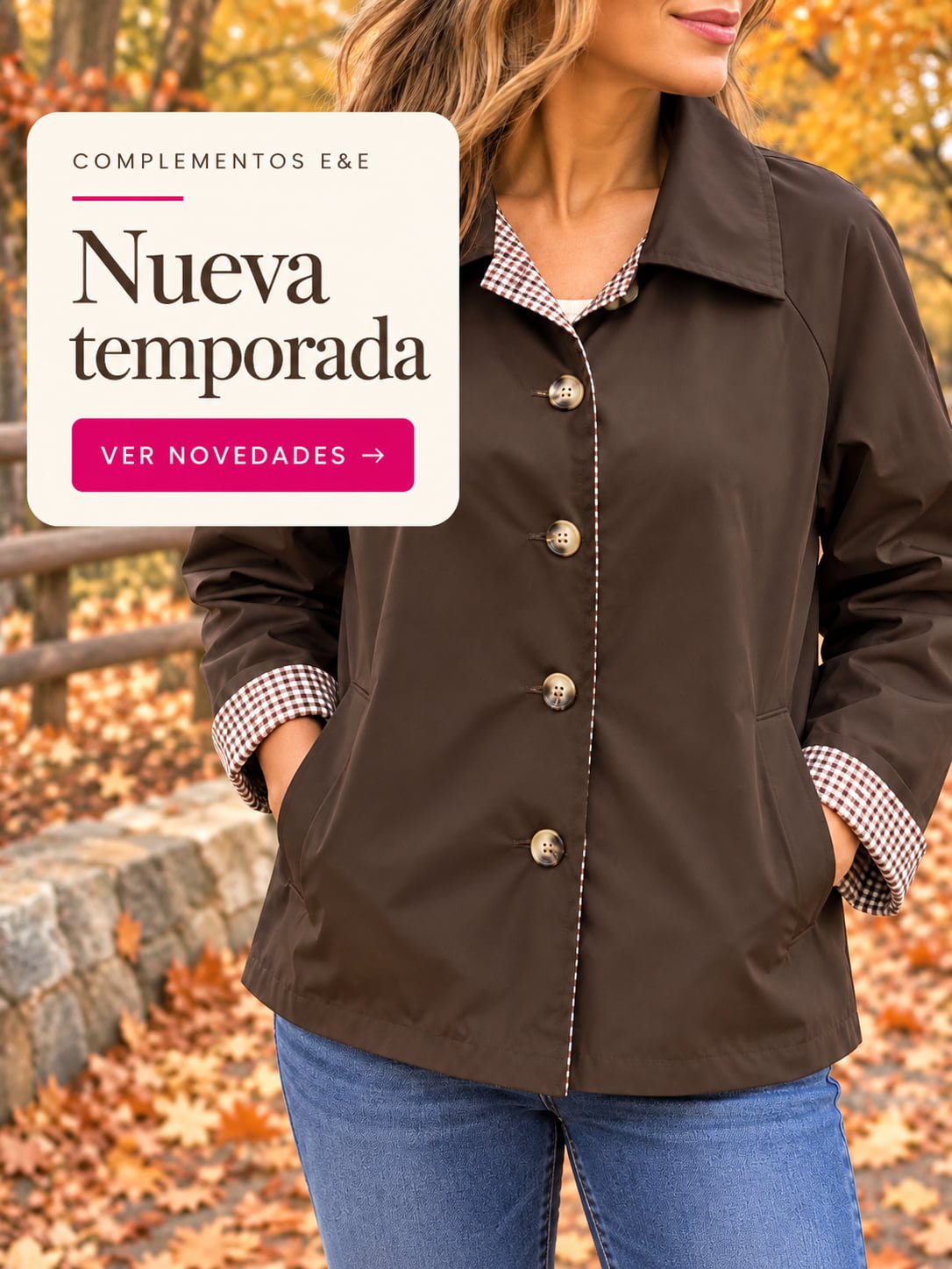 Moda mujer otoño invierno con chaqueta marrón y look casual