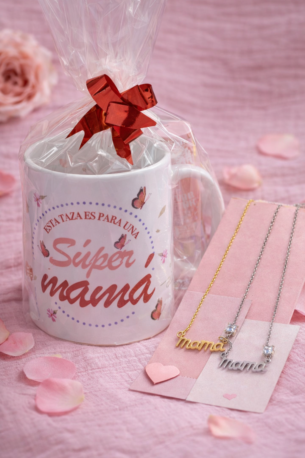 Regalo Día de la Madre: taza “Súper mamá” con collar mamá en oro y plata, pack listo para sorprender
