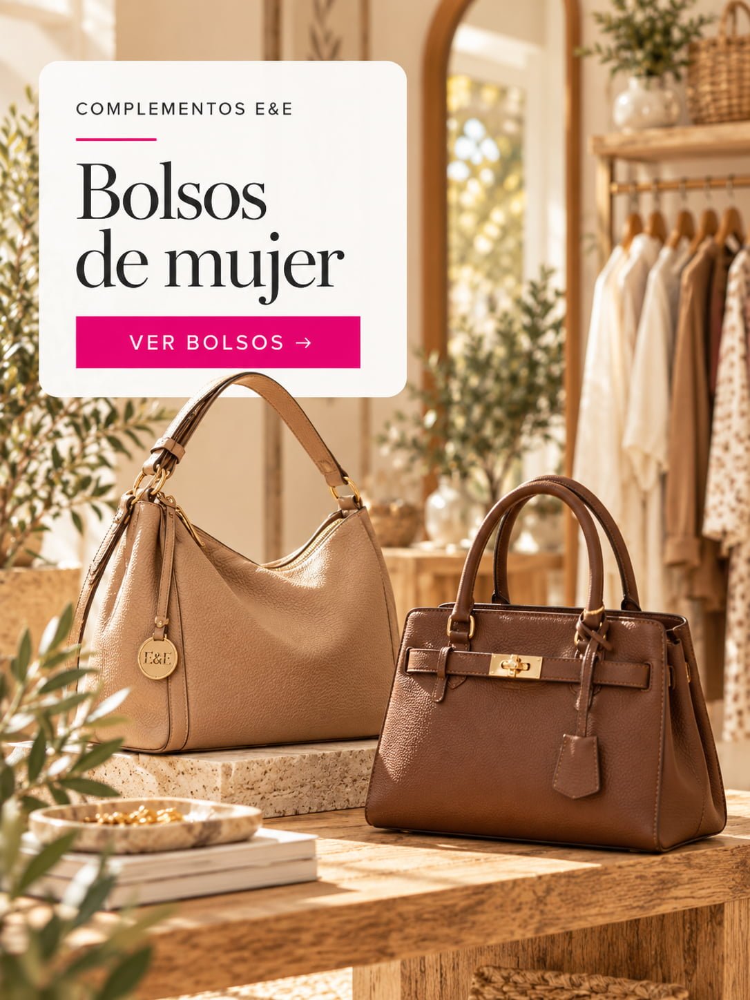 Bolsos de mujer en tonos camel y marrón en boutique cálida de otoño
