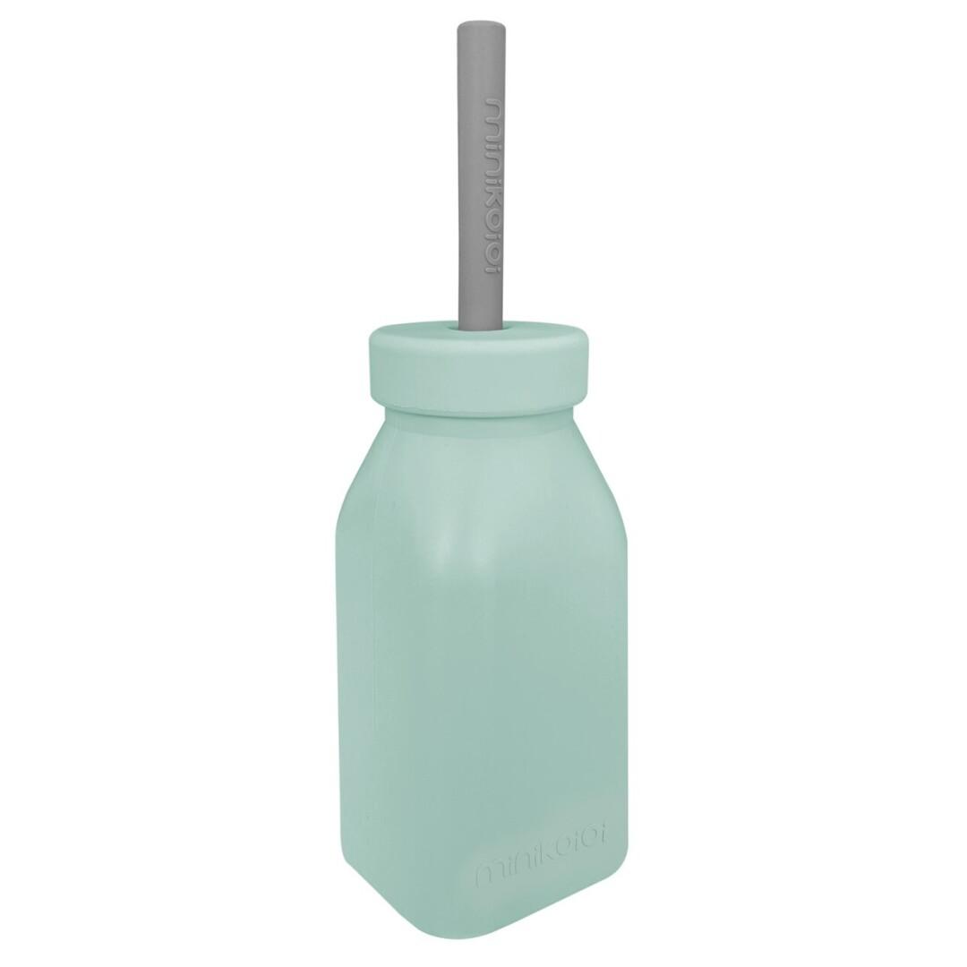 Botella de silicona con pajita color verde river-gris