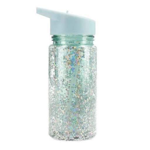 Botella Plástico con Pajita Glitter Stars Turquoise Tutete