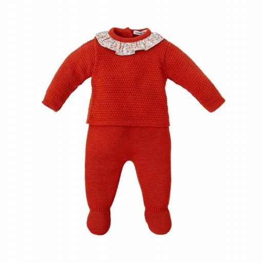 Conjunto de bebé niña de jersey con volante en el cuello y polaina de punto - color teja