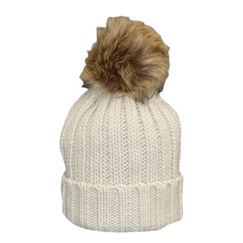 Gorro Junior con pompón de pelo sintético color beige - inicial bordada