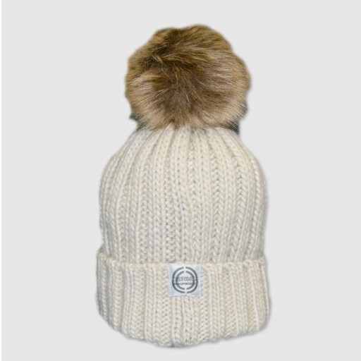 Gorro Junior con pompón de pelo sintético color beige - inicial bordada [1]