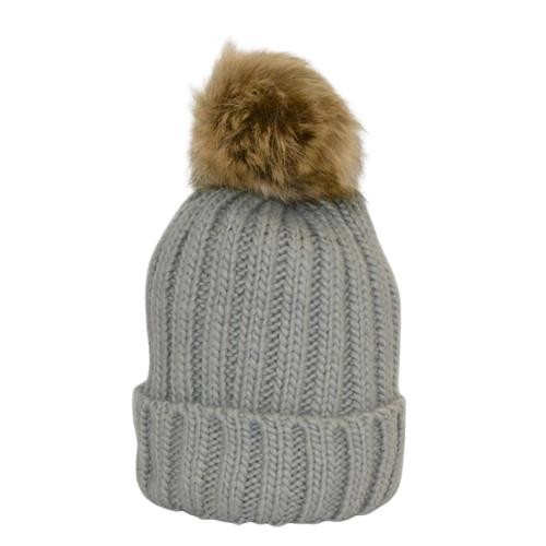 Gorro Adulto con pompón de pelo sintético extraíble color gris - inicial bordada