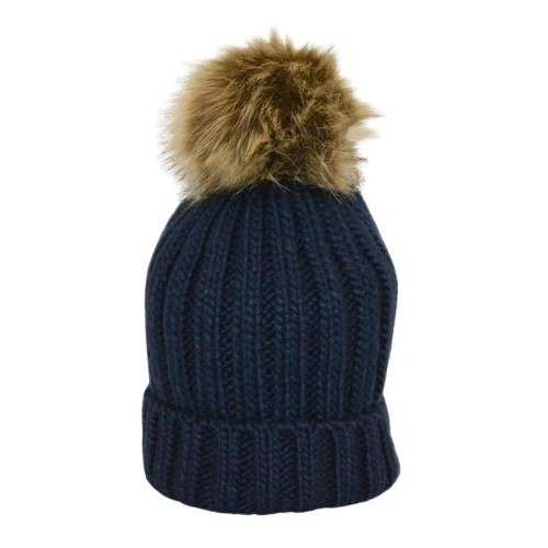 Gorro Infantil con pompón de pelo sintético color azul marno - inicial bordada