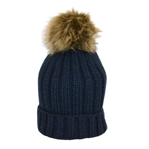 Gorro Junior con pompón de pelo sintético color azul marino - inicial bordada