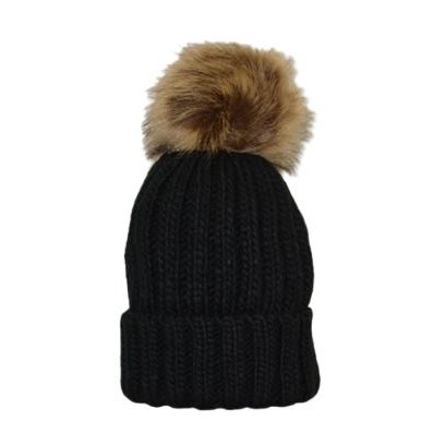 Gorro Infantil con pompón de pelo sintético color negro - inicial bordada