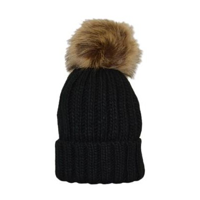 Gorro Adulto con pompón de pelo sintético extraíble color negro - inicial bordada