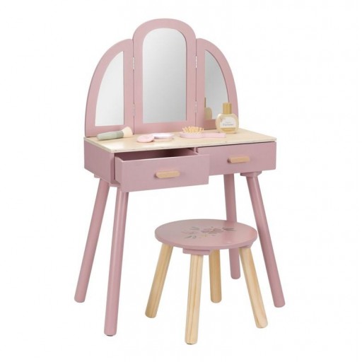 ​Tocador infantil de madera rosa con espejo y taburete – Little Dutch [1]