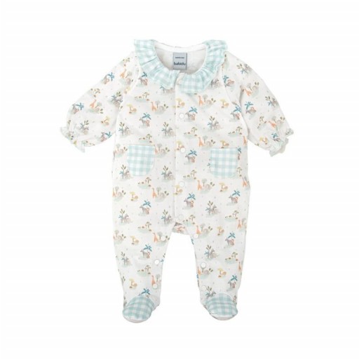 ​Pelele bebé algodón estampado animales con cuello volante y vichy verde agua