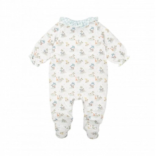 ​Pelele bebé algodón estampado animales con cuello volante y vichy verde agua [1]
