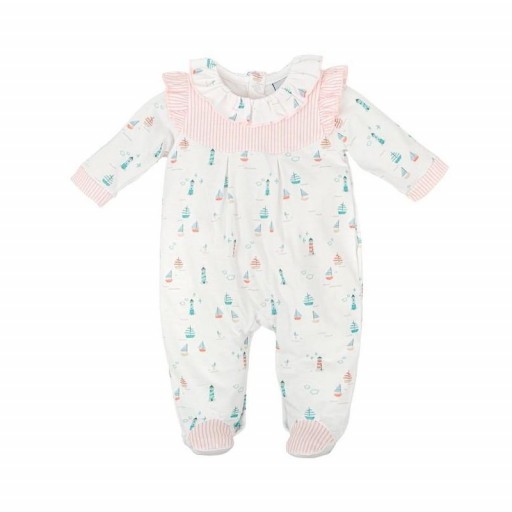 ​Pelele bebé algodón estampado marino con volante y detalles en rosa