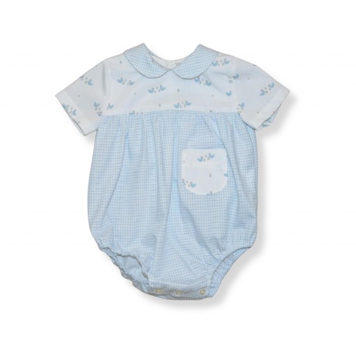 Pelele bebé vichy azul con estampado pollitos – Paloma de la O