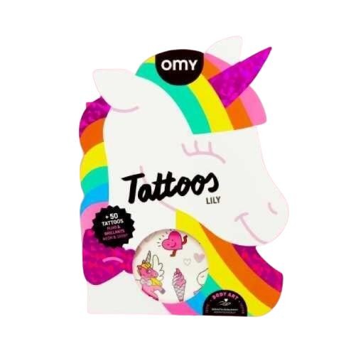 Tatuajes Temporales OMY Mod. Lily el Unicornio – 50 Unidades Neón y Dorados