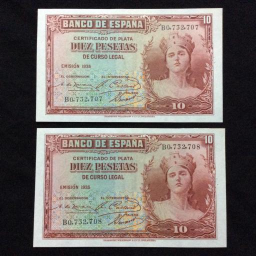 10 PESETAS 1935 - SIN CIRCULAR - PAREJA CORRELATIVA 