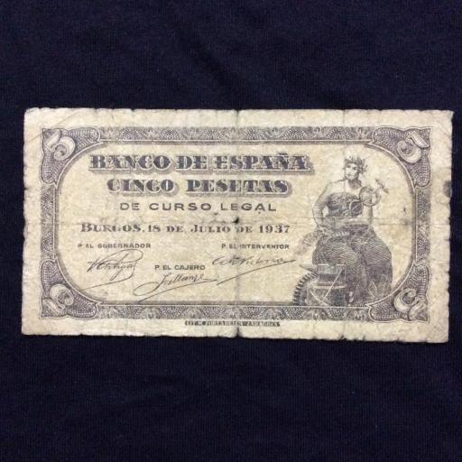 5 PESETAS 1937 - GUERRA CIVIL - BURGOS - SIN SERIE