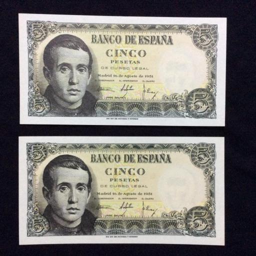 5 PESETAS 1951 - SIN CIRCULAR - PAREJA CORRELATIVA 