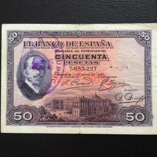 50 PESETAS 1927 - ALFONSO XIII - RESELLADO POSTERIORMENTE CON SELLO DE LA REPUBLICA  [0]
