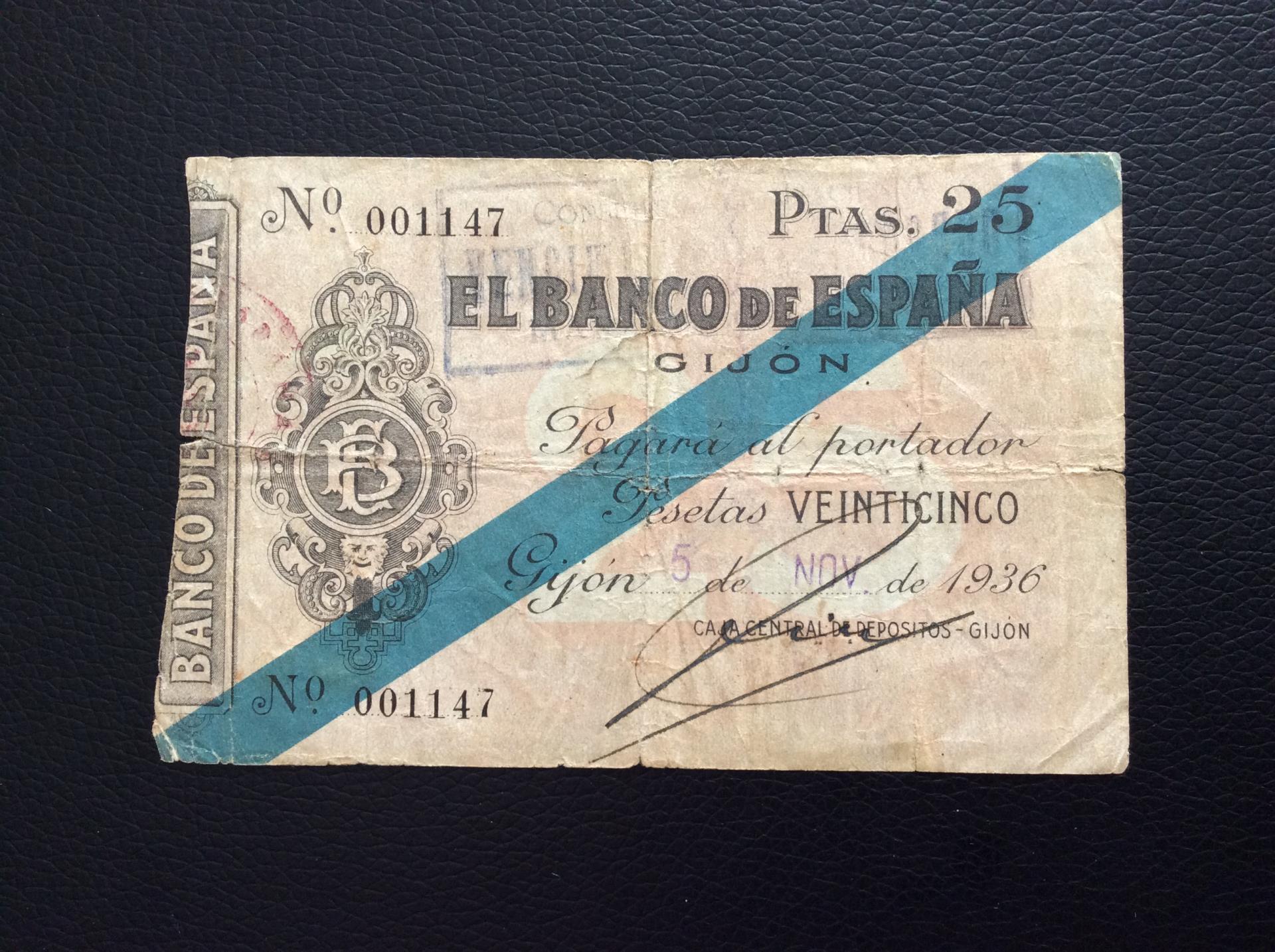 25 PESETAS 1936 - BANCO DE ESPAÑA GIJÓN 
