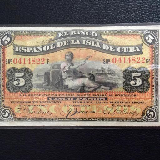 5 PESOS 1896 - COLONIAS DE ULTRAMAR - ISLA DE CUBA - RESELLO PLATA