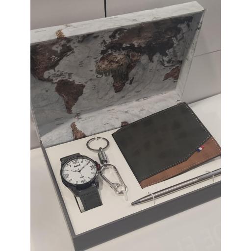 Conjunto Sami hombre reloj + llavero mosquetón + cartera y boligrafo