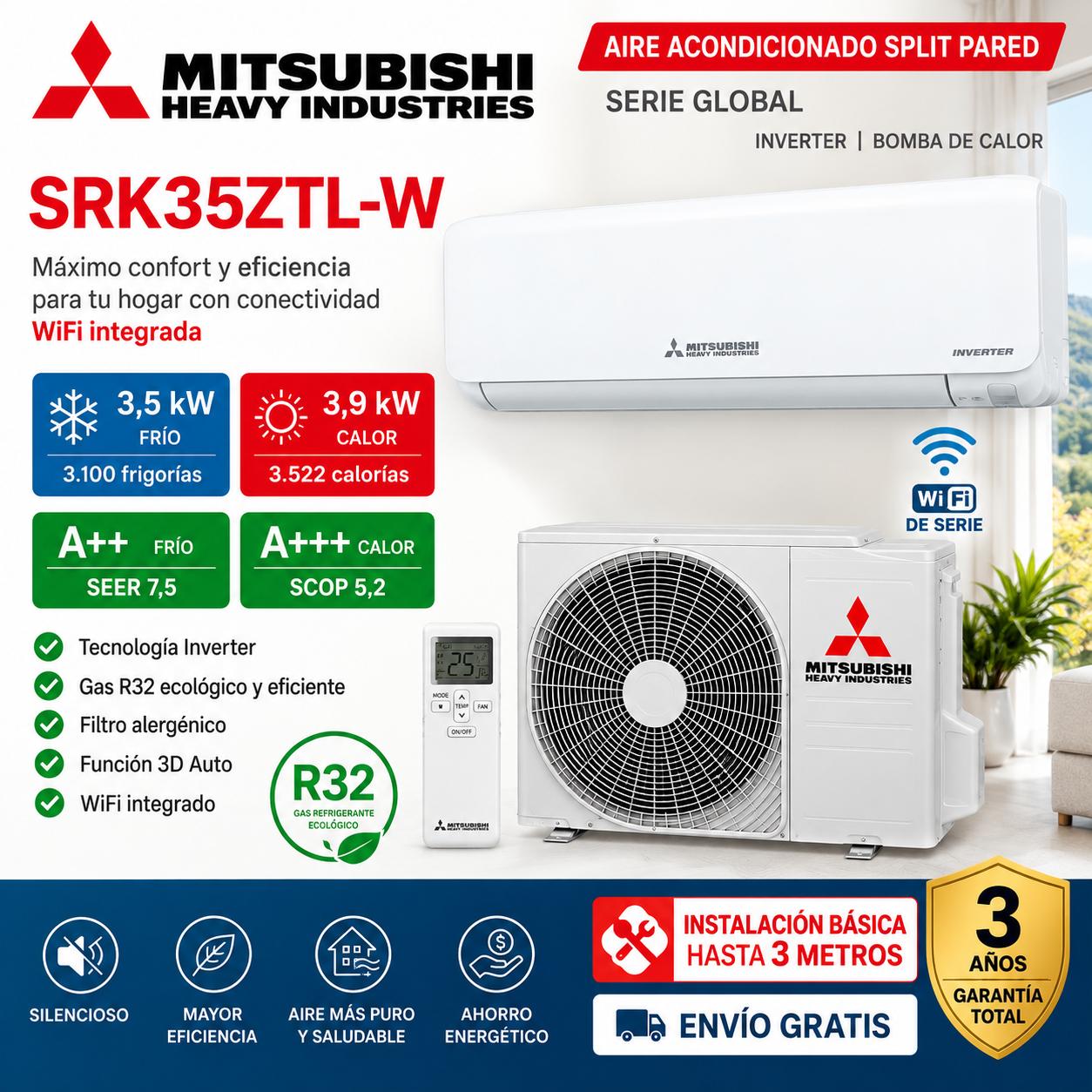 AIRE ACONDICIONADO SPLIT MITSUBISHI HEAVY GLOBAL SRK35ZTL-W A++/A+++ WIFI+INSTALACION BASICA HASTA 3 METROS