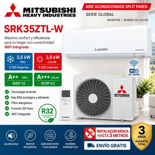 AIRE ACONDICIONADO SPLIT MITSUBISHI HEAVY GLOBAL SRK35ZTL-W A++/A+++ WIFI+INSTALACION BASICA HASTA 3 METROS [0]