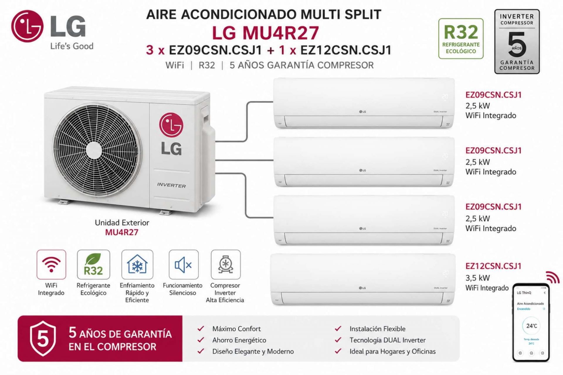 Aire Acondicionado Multi Split LG MU4R27 + 3 x EZ09CSN.CSJ1 + 1 x EZ12CSN.CSJ1 WIFI