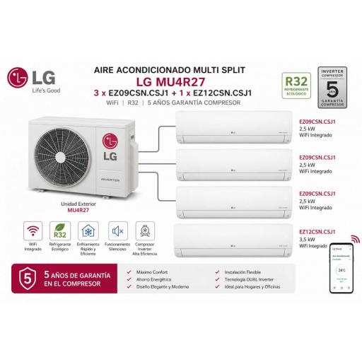 Aire Acondicionado Multi Split LG MU4R27 + 3 x EZ09CSN.CSJ1 + 1 x EZ12CSN.CSJ1 WIFI