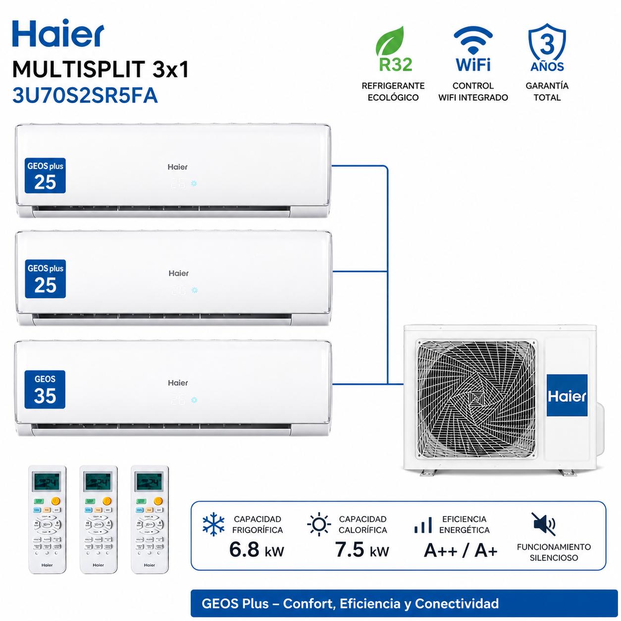 MultiSplit 3x1 Haier 3U70S2SR5FA +2 split GEOS plus 25 + 1 split GEOS 35 WiFi