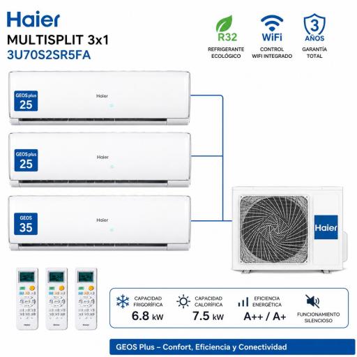 MultiSplit 3x1 Haier 3U70S2SR5FA +2 split GEOS plus 25 + 1 split GEOS 35 WiFi