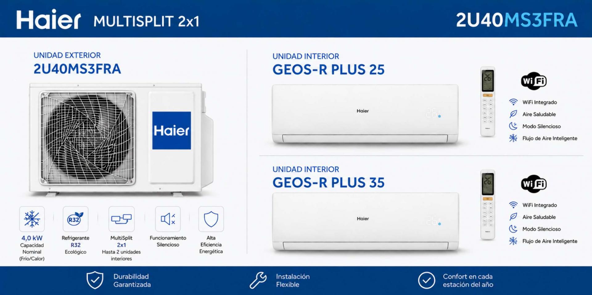 MultiSplit 2x1 Haier 2U40MS3FRA + GEOS-R PLUS 25 + GEOS-R PLUS 35 WiFi