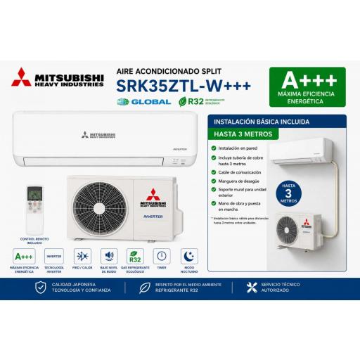 AIRE ACONDICIONADO SPLIT MITSUBISHI HEAVY GLOBAL SRK35ZTL-W A++/A+++ WIFI+INSTALACION BASICA HASTA 3 METROS [1]