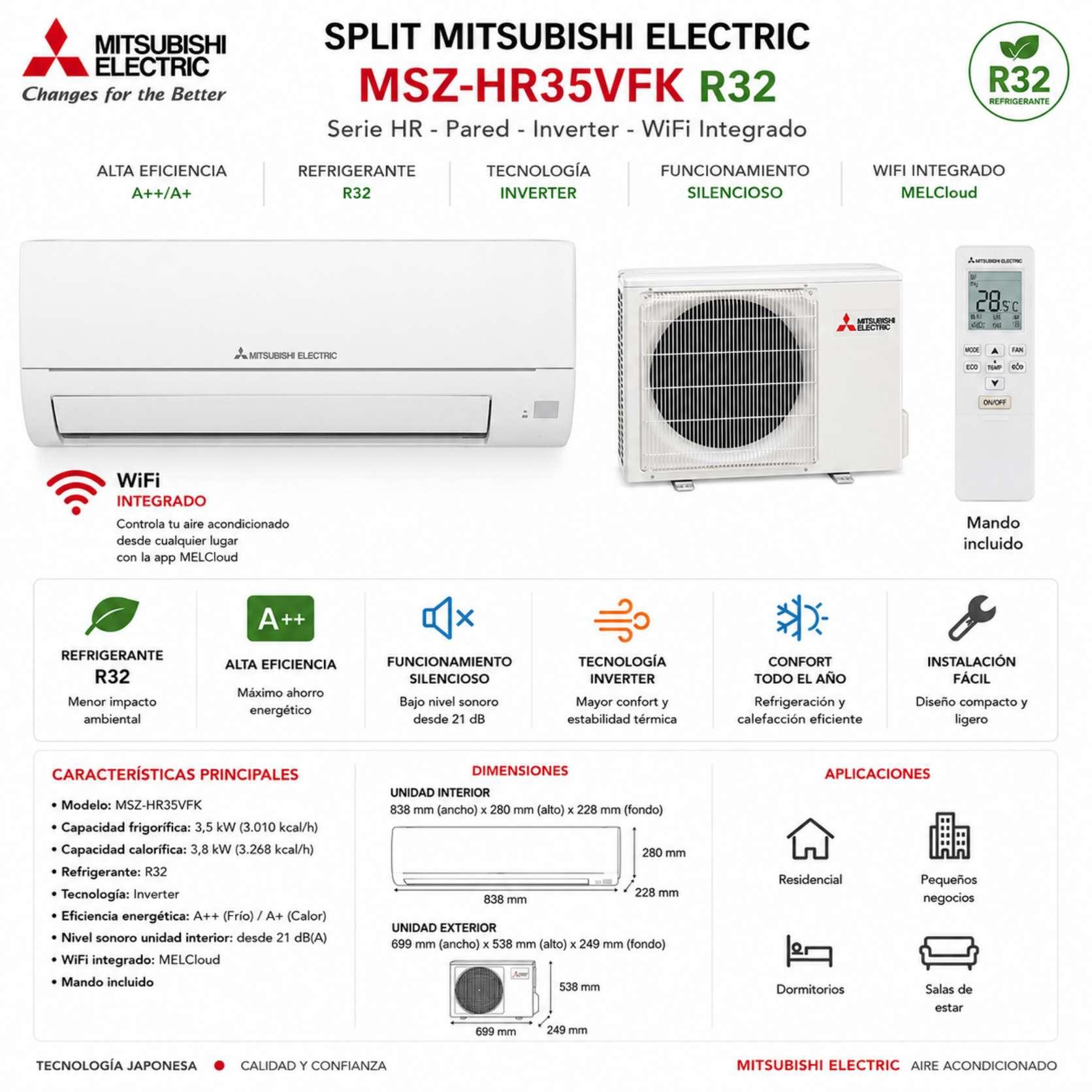 Split Mitsubishi Electric MSZ-HR35VFK Wifi de Serie