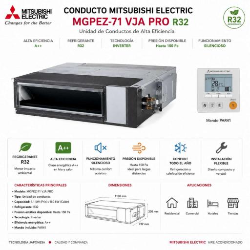  Conducto MITSUBISHI ELECTRIC MGPEZ-71 VJA PRO r32+Mando PAR41
