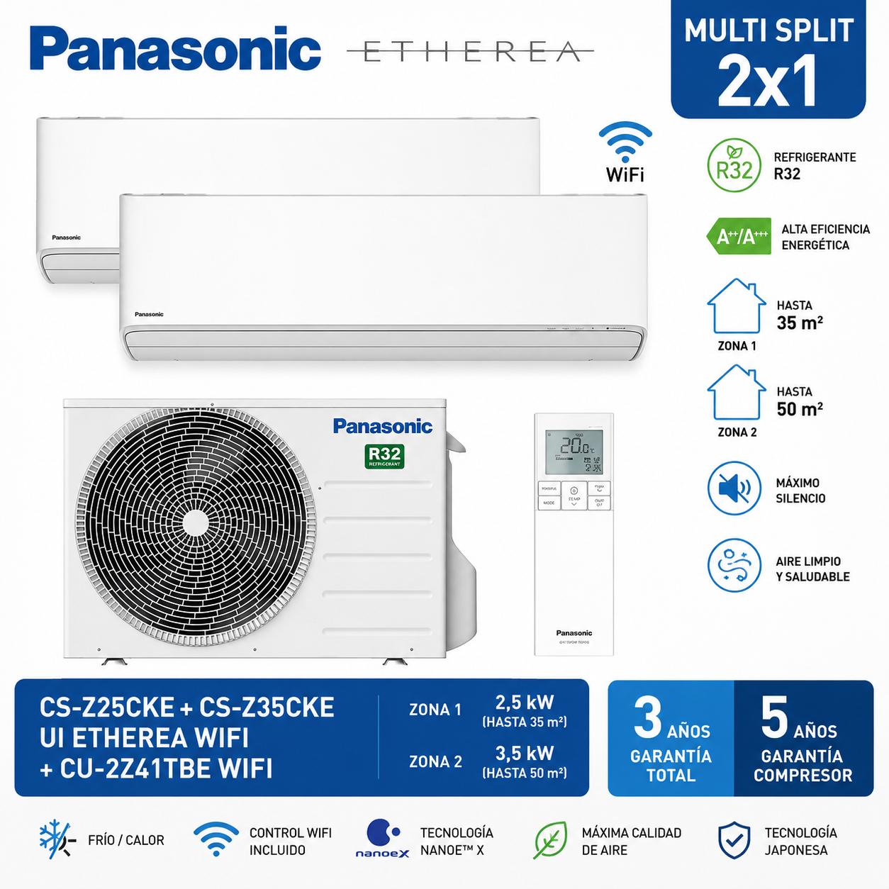 Multi Split 2x1 Panasonic CS-Z25CKE+CZ35CKE WIFI UI Etherea + CU-2Z41TBE