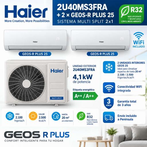 MultiSplit 2x1 Haier 2U40MS3FRA + GEOS-R PLUS 25 + GEOS-R PLUS 25 WiFi