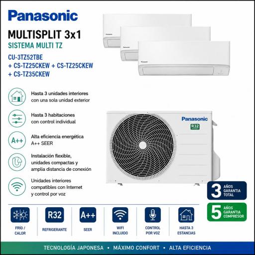 Panasonic CU-3TZ52TBE + CS-TZ25CKEW + CS-TZ25CKEW + CS-TZ35CKEW Aire Acondicionado Multisplit 3x1