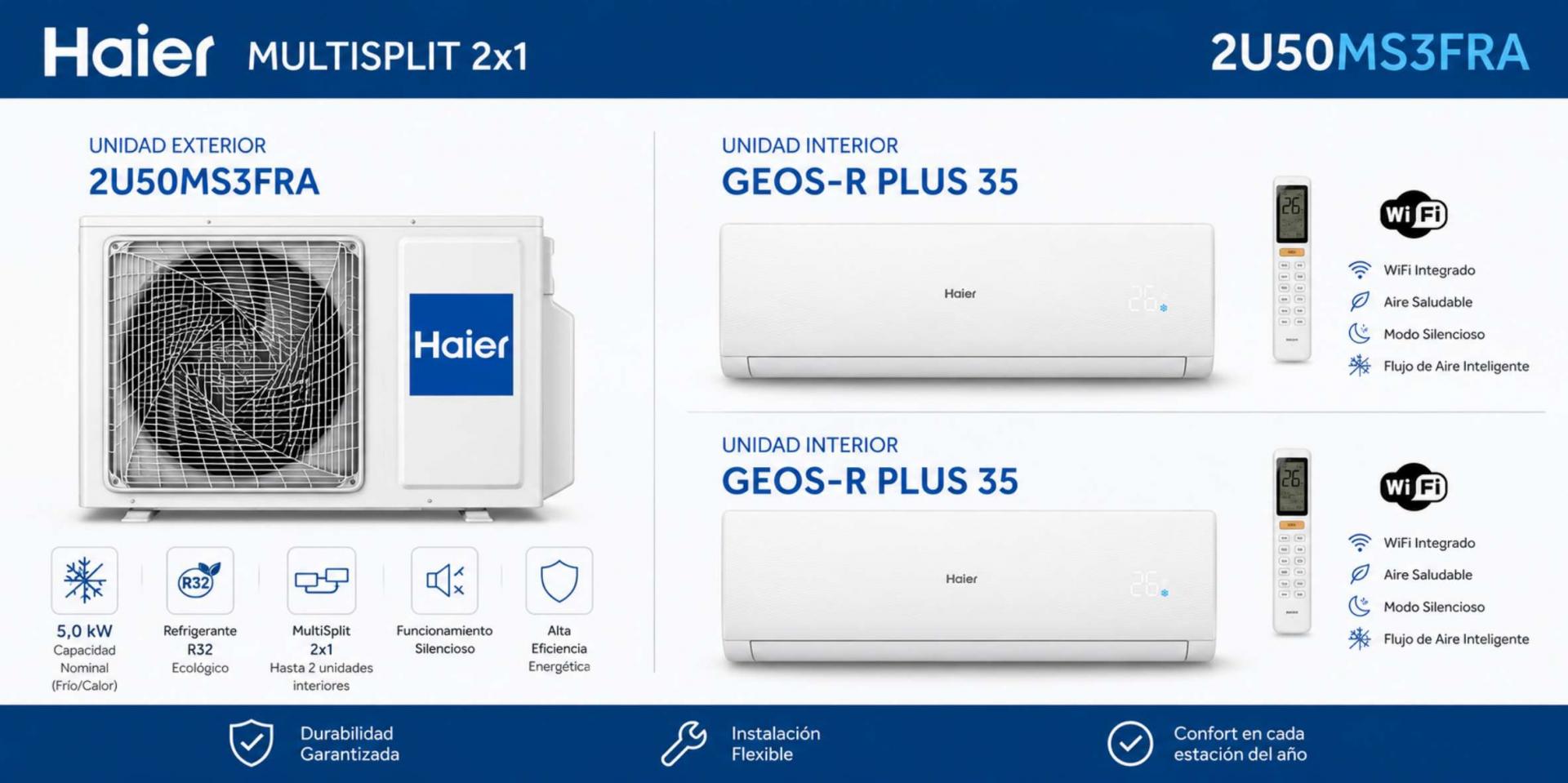 MultiSplit 2x1 Haier 2U50MS3FRA + GEOS-R PLUS 35 + GEOS-R PLUS 35 WiFi