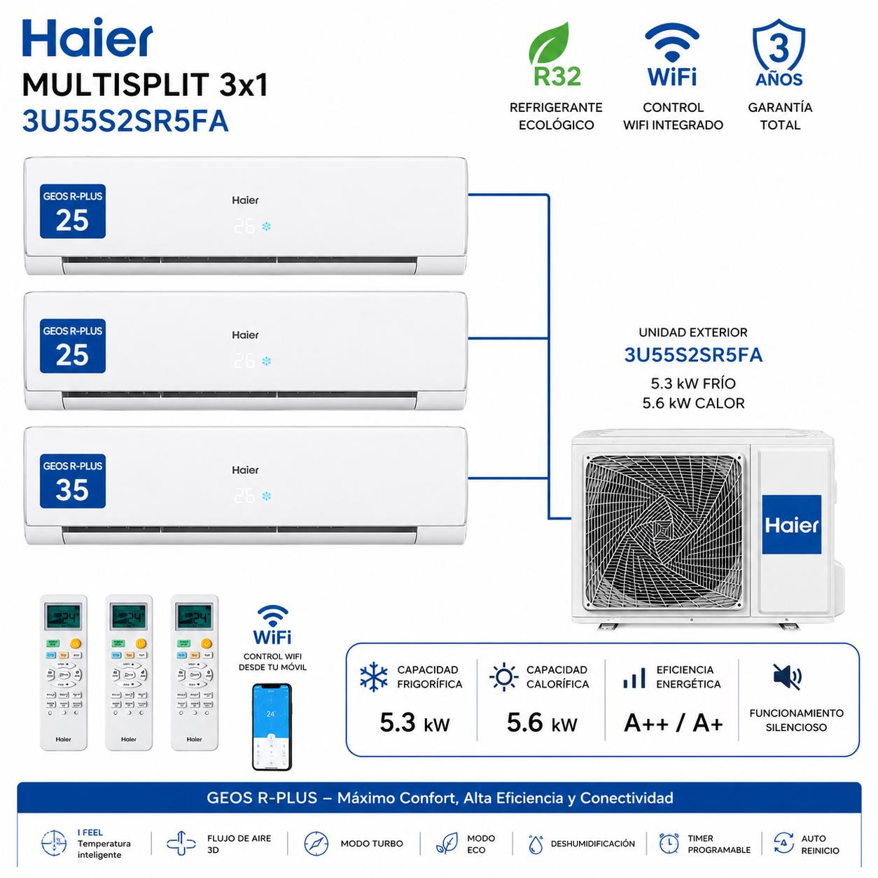 MultiSplit 3x1 Haier 3U55S2SR5FA + 2 SPLIT GEOS R-PLUS 25 + 1 SPLIT GEOS R-PLUS 35 WiFi