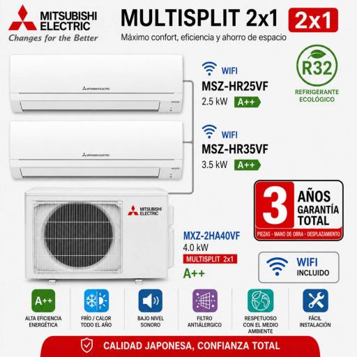 MultiSplit 2x1 Mitsubishi Electric MSZ-HR25VF+ MSZ-HR35VF + MXZ-2HA40VF
